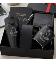 Hemen Kargo İsme Özel Lüks Erkek Hediye Seti - Çelik Termos,  Hakiki Deri Cüzdan, Kravat, Kupa, Defter Kalem
