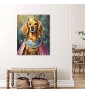 Tekli Dikey Kanvas Duvar Tablosu Prenses Kostümlü Golden Köpek