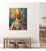 Tekli Dikey Kanvas Duvar Tablosu Prenses Kostümlü Golden Köpek
