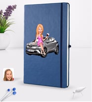 BK Gift Kişiye Özel Plakalı Kadın Toyota C-HR Karikatürlü Lacivert Termo Deri Defter 16x24cm Model 1