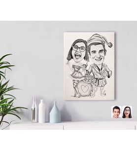 BK Gift Kişiye Özel Karakalem Yılbaşı Çift Karikatürlü Kanvas Tablo-1
