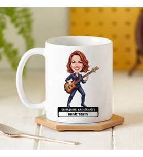Bas Gitarist Müzisyen Kadın Karikatürlü Kupa Bardak
