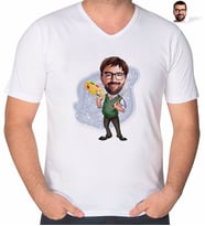 BK Gift Kişiye Özel Erkek Ressam Karikatürlü V Yaka Tişört-1 (Beyaz)