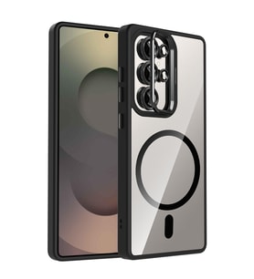 Samsung Galaxy S25 Ultra Uyumlu Kılıf Standlı ve Kamera Lens Hediyeli M-Safe Şarj Özellikli Zore Etro Kapak (Siyah)
