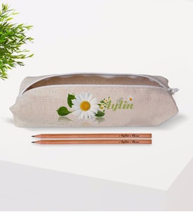 BK Gift Kişiye Özel İsimli Papatya Temalı Keten Bez Kalemlik ve İsimli Ahşap Kurşun Kalem Hediye Seti-4