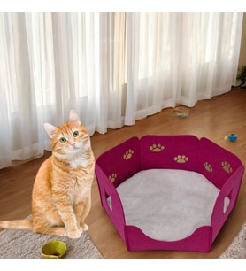 Kedi Yatağı Yuvası Evi Minderli Taşınabilir 3 mm Keçe Altıgen Tasarım (Yuva+Minder) (Fuşya)