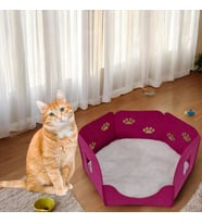 Kedi Yatağı Yuvası Evi Minderli Taşınabilir 3 mm Keçe Altıgen Tasarım (Yuva+Minder) (Fuşya)