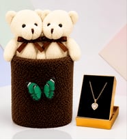 Peluş Saksıda Peluş Ayıcık Buketi ve Pembe Taşlı Kalp Kolye Kadına Sevgiliye Arkadaşa Hediye
