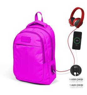 Coral High Kids Pembe Üç Bölmeli USB Şarjlı Kulaklık Çıkışlı Okul Sırt Çantası 24310