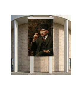 Kalpaklı Mustafa Kemal Atatürk Portresi Poster Bayrak Premium Raşel Kumaş ATA70 2x3m