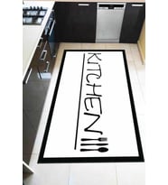 Beyaz Kaymaz Tabanlı Kitchen Yazılı Mutfak Halısı AR182