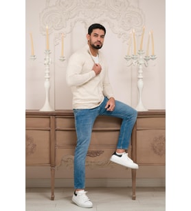 Woolen World Regular Fit Dik Yaka İnce Baharlık Triko Hırka (Krem)