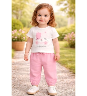 Kız Bebek Pembe Kedi Baskılı Keten Pantolonlu Takım 9-24 Ay - PEMBE / 9 AY