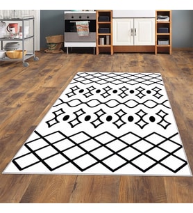 Geometrik Etnik Desenli Dijital Baskı Yıkanabilir Kaymaz Taban Modern Salon Halısı ve Yolluk (Beyaz)