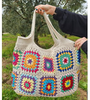 Örgü Çanta, Yazlık Omuz Çantası, Rengarenk Kare Motifli Çanta, Tığ İşi Çanta (Açık Bej)