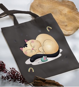 BK Gift Kedi Tasarımlı Antrasit Kumaş Bez Çanta, Baskılı Omuz Çantası, Alışveriş Çantası, Anneye Hediye-7