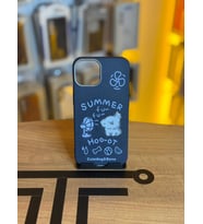 iPhone 13 Uyumlu Özel Tasarım Sevimli Figürlü Deri Dokulu Telefon Kılıfı (Lacivert)