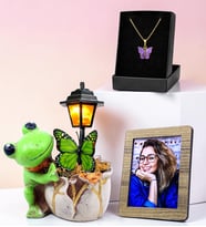 Kişiye Özel Fotoğraflı Kurbağa Masa Lambası ve Kelebek Kolye Hediye Seti