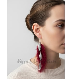 Bohem Bordo Tüy & Yaprak Figürlü Uzun Sallantılı Küpe. Modern Boho Vintage stil. El Yapımı