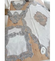 Salon Takımı Çeyizlik Krem Gri Runner Set 5 Parça Keten Masa Örtüsü Runneri Evalina