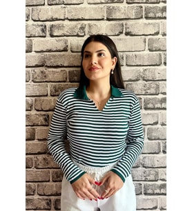 Yeşil Renk İnce Çizgi Detaylı Polo Yaka Standart Beden Kadın Kazak