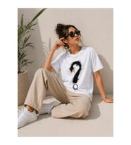 Kuğu Figürlü Soru İşareti Baskılı Tişört Kısa Kol T-Shirt - Beyaz
