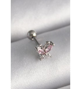 316L Çelik Gümüş Renk Pembe Zirkon Taşlı Kelebek Tragus Piercing - TJ-PR1241