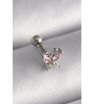 316L Çelik Gümüş Renk Pembe Zirkon Taşlı Kelebek Tragus Piercing - TJ-PR1241
