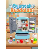 Buharlı Ve Işıklı Oyuncak Buzdolabı Seti - 30+ Parça Mutfak Aksesuarlı Büyük Boy Evcilik Seti - Mavi