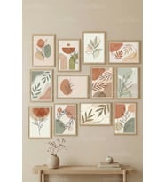 12 Parça Minimalist Yaprak Desenleri 2 Renk Seçenekli Dekoratif Çerçeve Görünümlü Tablo Seti