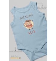 Gece Mesaisi Açık Baskılı Bebek Zıbını – Çıtçıtlı Body  %100 Pamuk Sıfır Kol (Bebek Mavisi)