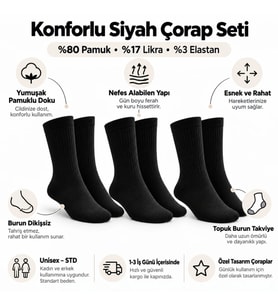 Biçomi Gün Boyu Kaymayan ve Terletmeyen Konforlu Pamuklu Unisex Siyah Soket Çorap (3'lü Set)