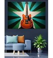 Yeşil Işıklı Rock Gitarı Dekoratif Kanvas - Mdf Ahşap Tablo