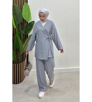Kadın Çapraz Bağlamalı Keten Kimono Tesettür Pantolon Takım (Gri)