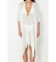 Moda Dokuma Rahat Kalıp Standart V Yaka Standart Kol Aerobin Basic Düz Desen Kimono Kaftan (Ekru)