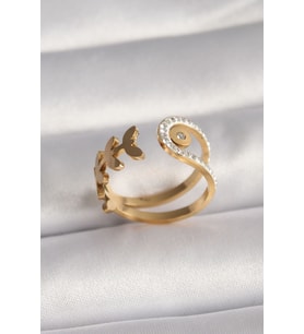 316L Çelik Gold Renk Zirkon Taşlı Yaprak Model Kadın Yüzük (Altın)