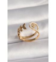 316L Çelik Gold Renk Zirkon Taşlı Yaprak Model Kadın Yüzük (Altın)