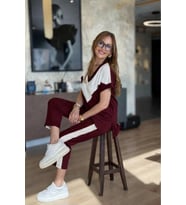Kadın Kısa Kollu V Yakalı çift Renkli Viskon Iki Iplik Ikili Bluz Ve Pantolon Takım