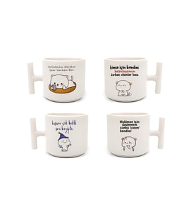 Yazılı Mochi Cat Baskılı 4 Lü Latte & Espresso Elyapımı T Kulplu Fincan