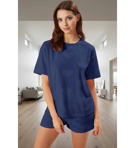 Kadın Kalpli Desenli Pamuklu Pijama Takımı Seçkin Malzeme Trend Tasarım (Lacivert)