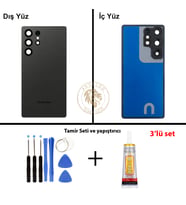Samsung S25 Ultra Gece Siyahı Arka Pil Kapağı Batarya Kapağı Lazer Kesim + Yapıştırıcı ve Vida Seti