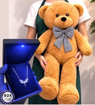 Premium Set Büyük Boy Kahve Peluş Ayıcık ve Işıklı Kutusunda 925 Ayar Gümüş Kolye (Model 4)