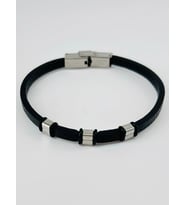 Siyah Deri / Çelik Erkek Deri Bileklik 20 Cm - Ebl0096