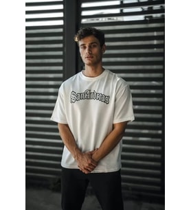 pilelistore- Unisex Bisiklet Yaka Baskılı Oversize T-Shirt - Beyaz