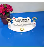Doğal Beyaz Mermer İsimlik Haritalı Gold Çift Dikme Ay Yıldız ve Önünde AY yıldız
