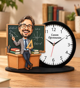 Kişiye Özel Karikatürlü Öğretmen Ahşap Biblo Masa Saati