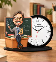 Kişiye Özel Karikatürlü Öğretmen Ahşap Biblo Masa Saati