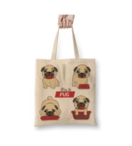 Pug Köpek Beyaz Bez Çanta Uzun Saplı Alışveriş Çantası Plaj Çantası