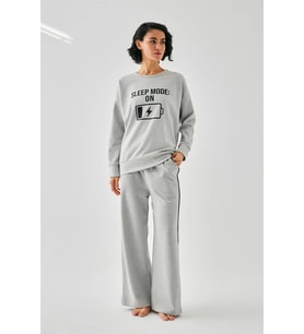 pilelistore- Kadın Gri Sleep Mode ON Oversize 2 İplik Eşofman Ev Giyim Takımı