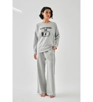 pilelistore- Kadın Gri Sleep Mode ON Oversize 2 İplik Eşofman Ev Giyim Takımı